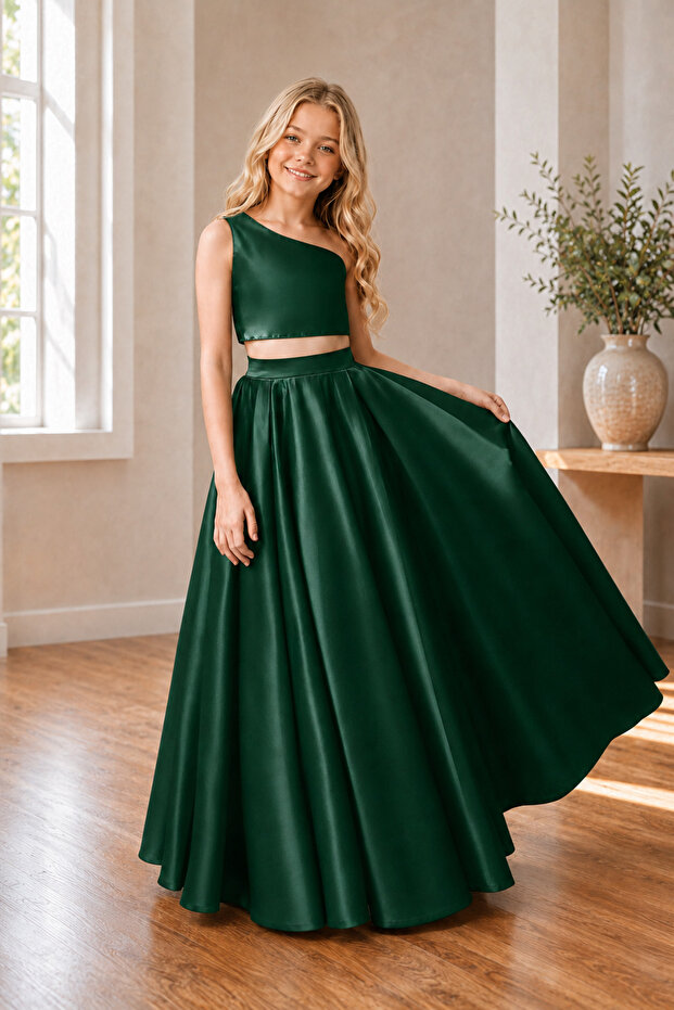 Girls' Satin Skirt Satin Crop One Shoulder Bustier Suit