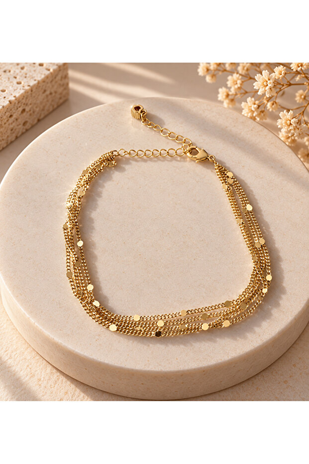 Gold Color Multi-Row Chain Bracelet – Elegant Women's Bracelet with Heart Stone Detail