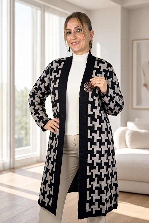 Geometric Patterned Broch Detailed Long Sleeve Shal Collar Large Size Knitting Cardigan