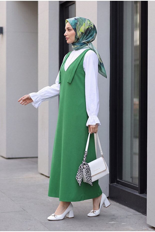 Long Gilet with Tie Shoulders - Forest Yş.