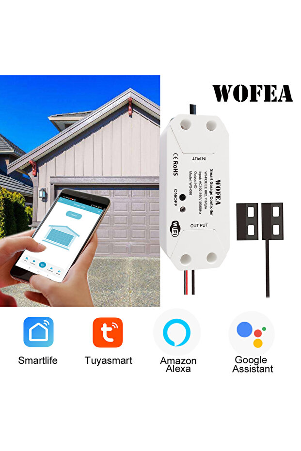 جهاز تحكم ذكي لفتح باب المرآب Wofea Tuya بتقنية الواي فاي 2.4G، مزود بقابس أوروبي، يتيح الفتح والإغلاق عبر تطبيق الهاتف، دون الحاجة إلى قابس كهربائي.