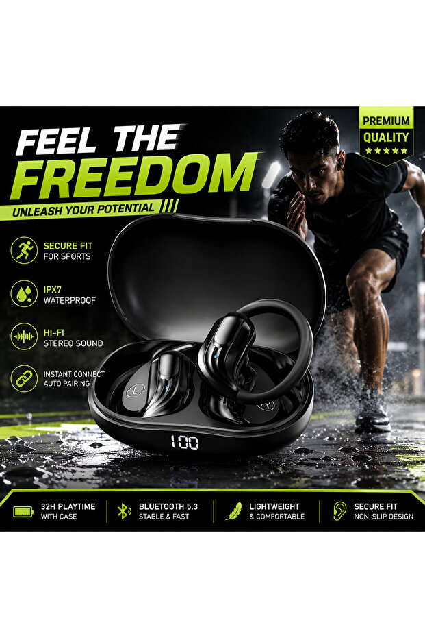 Black Wireless Bluetooth 5.3 Earbuds LED Display Sports Earhook Headphones Deep Bass HiFi Stereo Noi