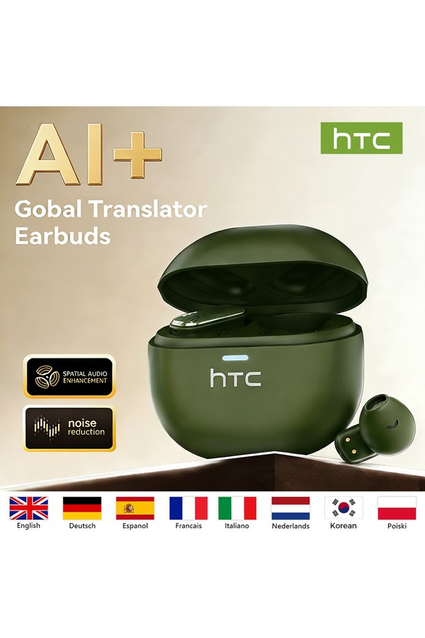GREEN HTC Bluetooth Earphones TWS Mini EarBuds Sports Wireless Headphones Noise Reduction AI Transla