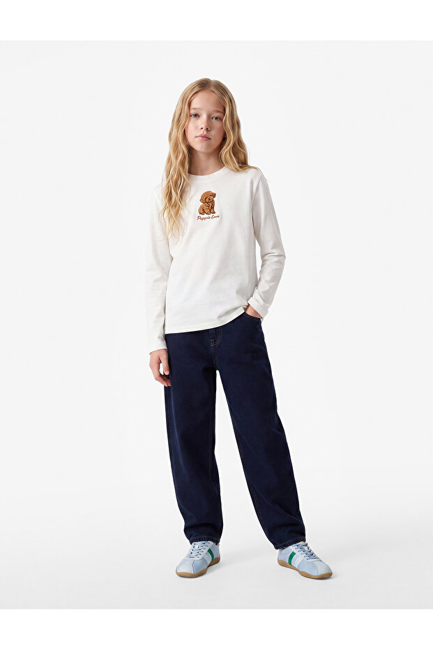 Cotton Long Sleeve Crew Neck T-Shirt with Dog Embroidery Detail