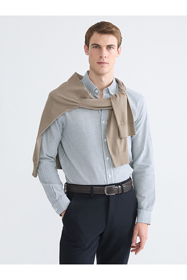 Southblue Navy Blue Regular Fit Long Sleeve Striped Men's Shirt