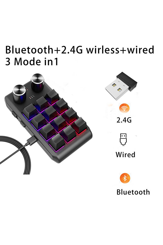 GGBEE Black Wired BT 2.4G Bluetooth Keyboard Programming Macro Custom Keyboard 12 Key 2 Knob RGB Cop