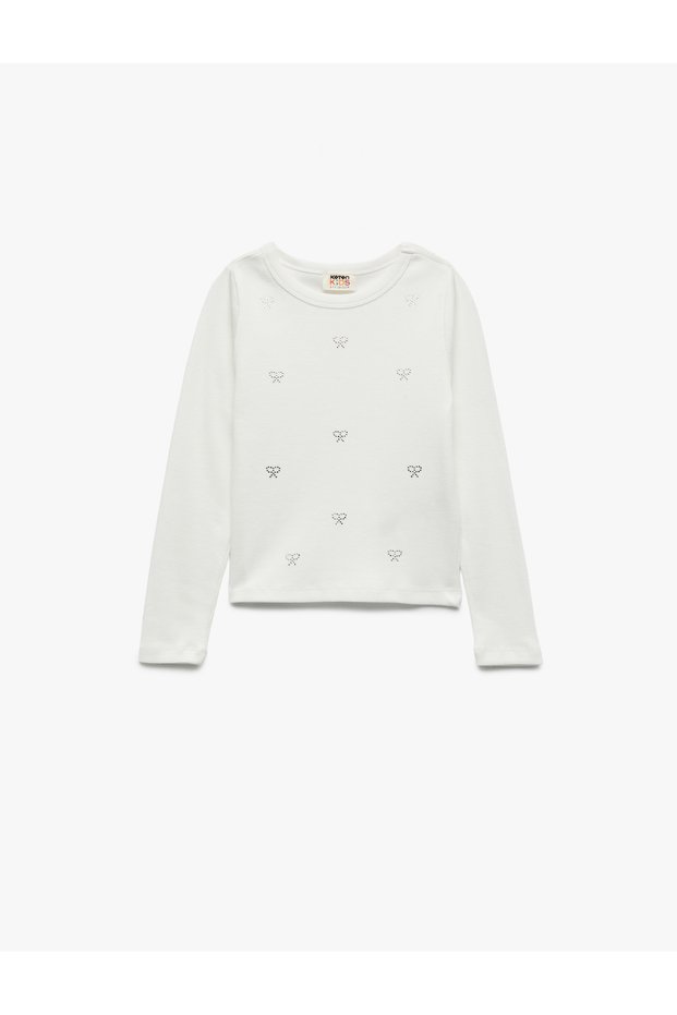 Bow Stone Detailed Long Sleeve Crew Neck Cotton T-Shirt