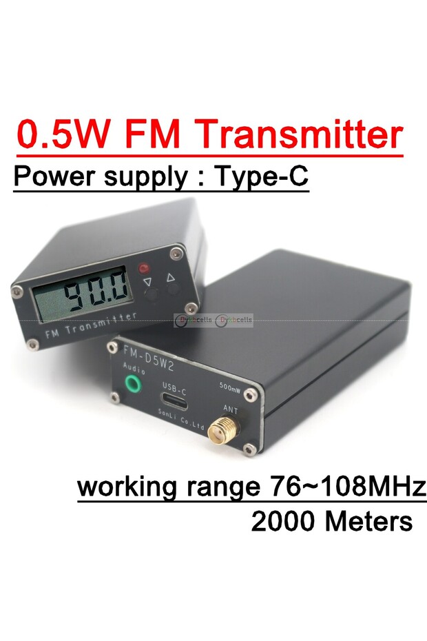 2000M 0.5W FM Transmitter 76-108Mhz Digital Display FM Stereo Transmit TYPE-C USB Churches CAR Radio