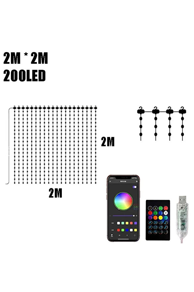 2M X 2M LED Curtain Light String RGBIC String Lights APP Remote Control Music Sync USB Plug Curtain