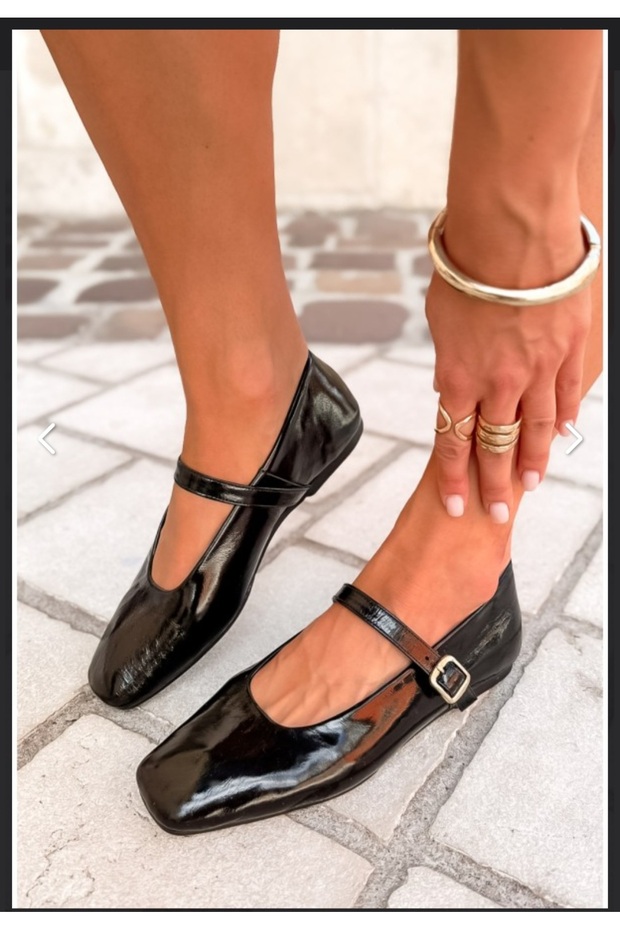 Genuine Leather Black Patent Leather Ankle Strap Shoes