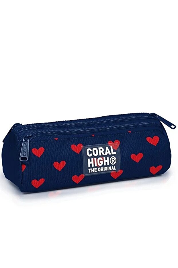 Kids Navy Blue Red Heart Patterned Three Compartment Pencil Bag Si 31029