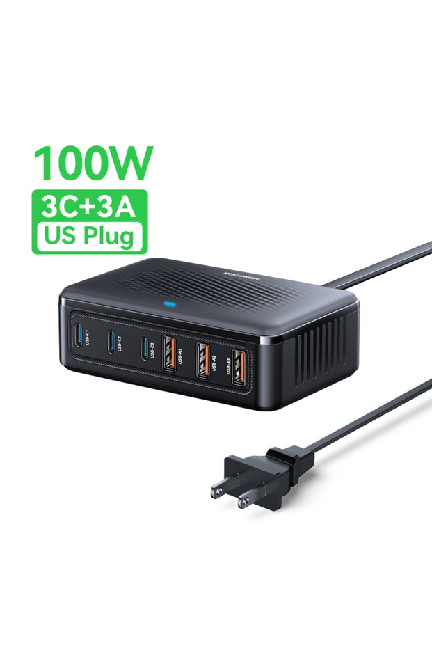 100W US Plug Rocoren USB Charger 100W GaN Charging Station 6-ports Desktop Fast Charging Type C Port