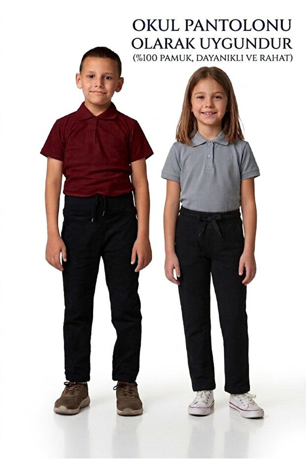 Children's Ribbed Waistband Fully Elastic Canvas Fabric Casual and School Pants Black