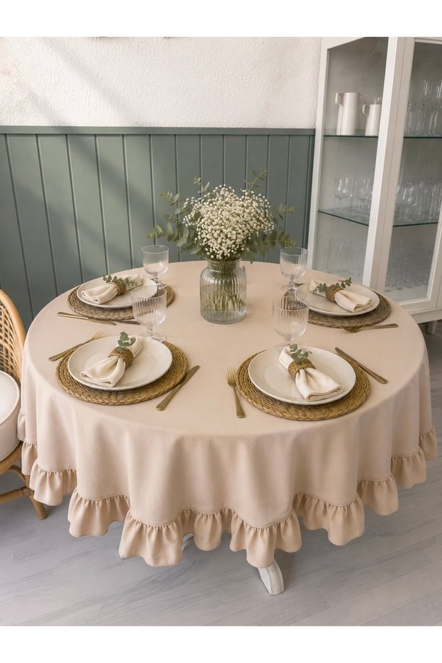 Aura Ruffled Round Tablecloth Beige