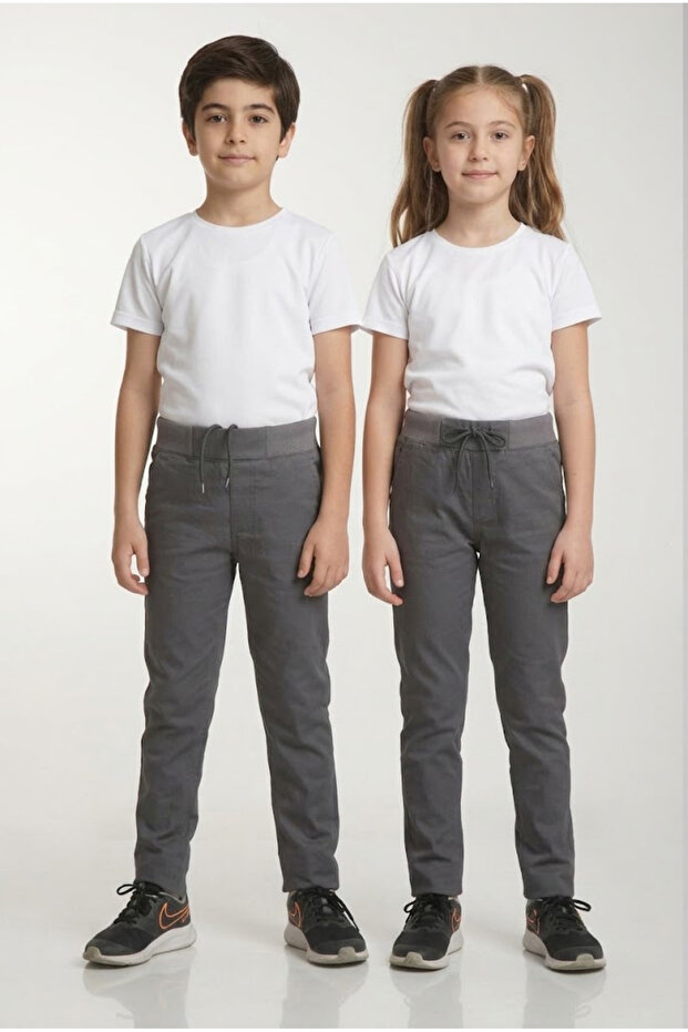 Children's Ribbed Waistband Fully Elastic Canvas Fabric Casual and School Pants Smoked