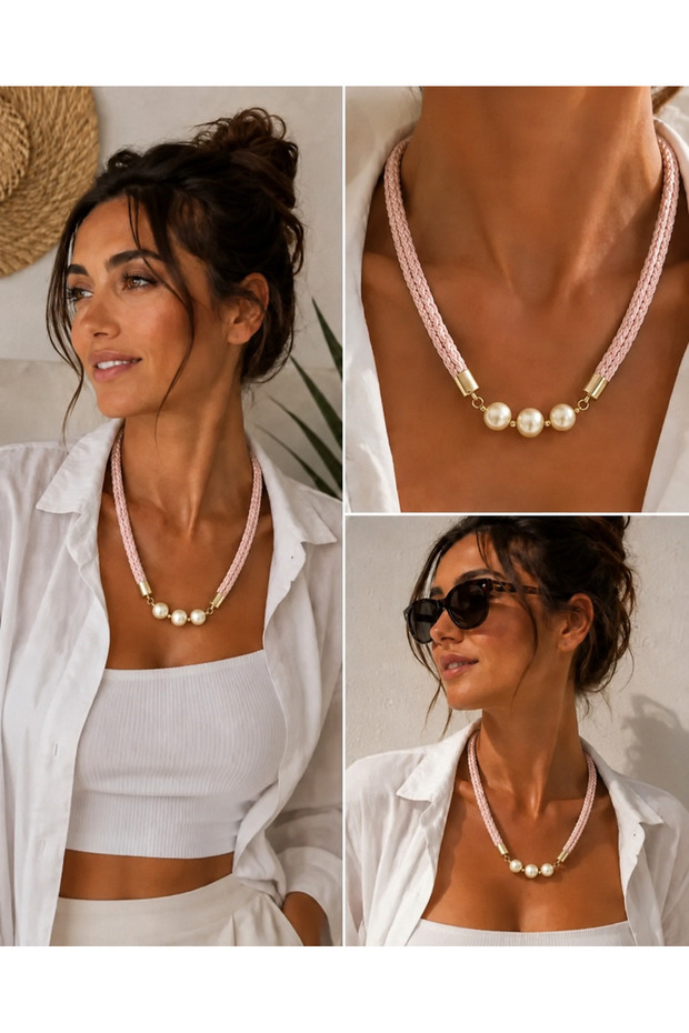 Kutcha Powder Pink Braided Cord Pearl Detailed Gold Women's Necklace