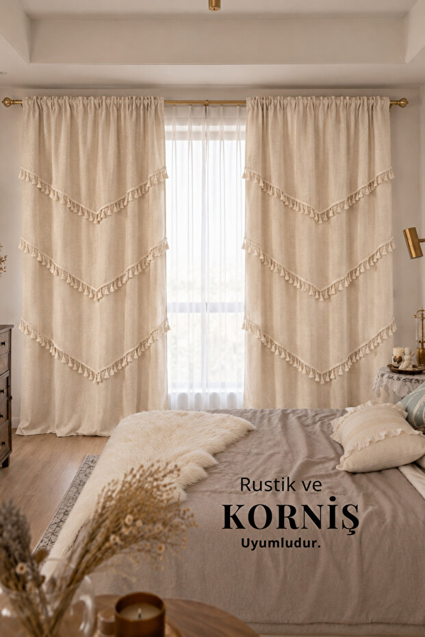 Tassel Detailed Organic 100% Cotton Buldan Background Curtain Single Panel