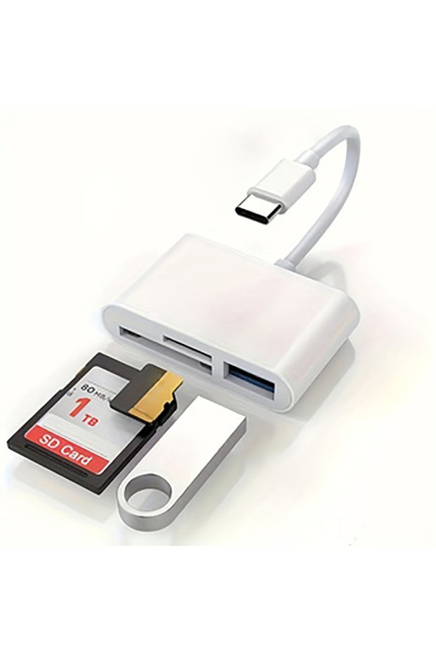 محول أبيض 3 في 1 من النوع C، Tf، Cf، Sd، قارئ بطاقات الذاكرة متوافق مع iPhone وiPad وMac وMacBook