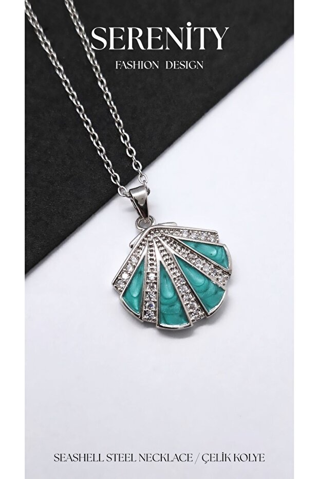 Shiny Pearlescent Zircon Stone Seashell Figure Steel Necklace