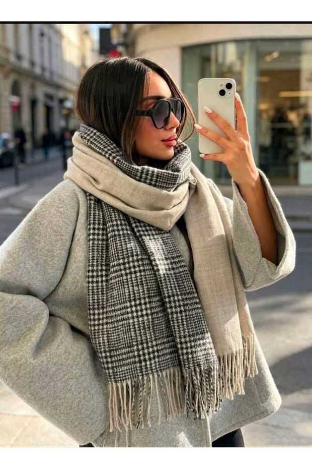 Women's Winter Plaid Wool Shawl - Double-Sided Shoulder Shawl / Oversized Blanket Shawl 70X190Cm Beige