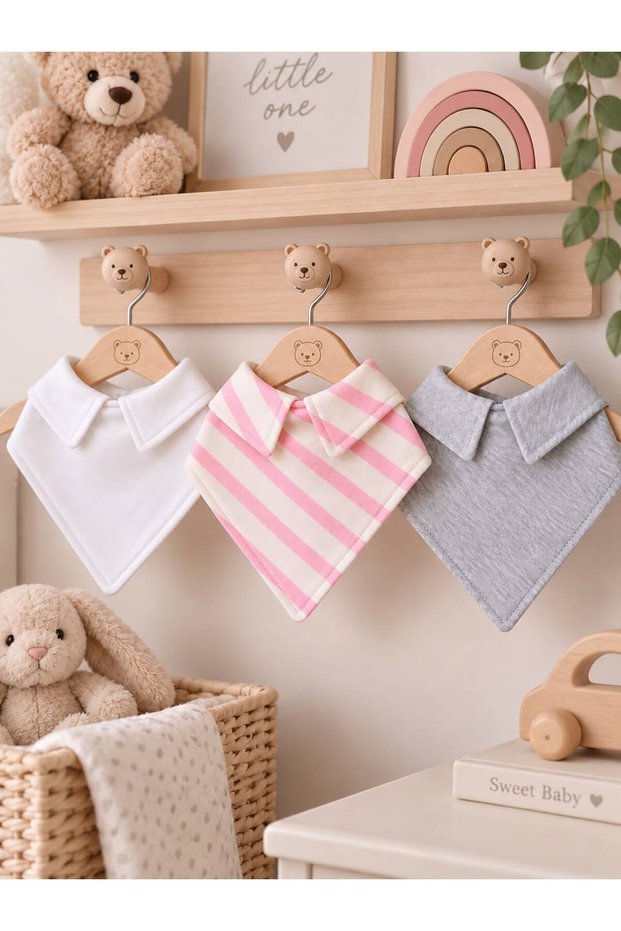 (3 Pcs) 100% Cotton Fabric Double Layer Snap Fastener Polo Collar Special Design Baby Drool Bib & Scarf Set - Pink