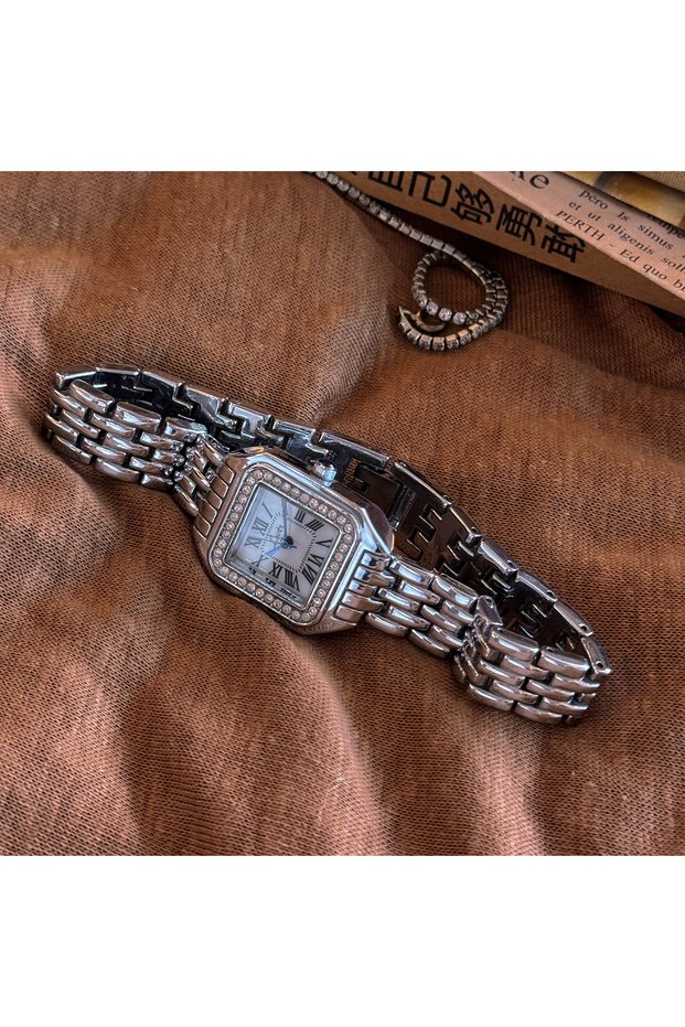 Silver 1pc New Arrival Gold-Tone Square Dial Women's Waterproof Watch With Inlaid Rhinestone, Elegan