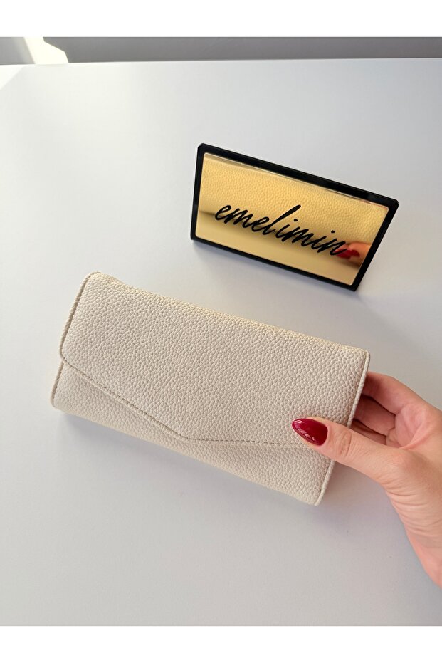 Women's Cream Multi-Compartment Leather Look Long Wallet with Snap Fasteners and Zipper and Card Holder Sections
