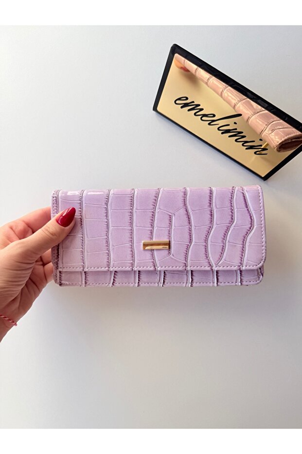 Women's Lilac Crocodile Patterned Multi-Compartment Long Wallet with Snap Closure