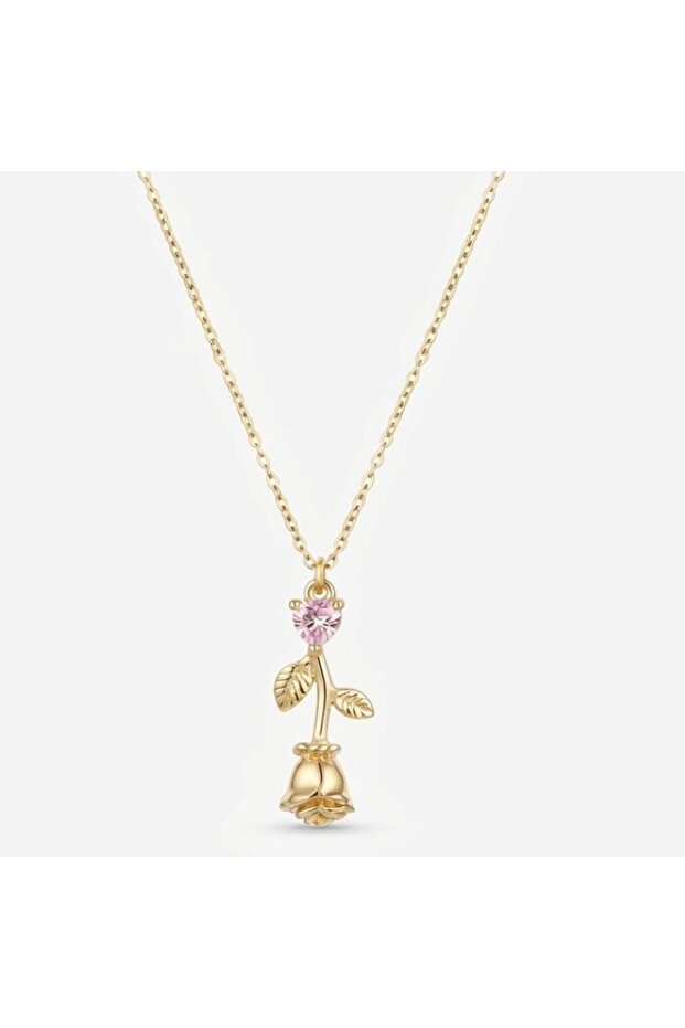 Pink Zircon Stone Rose Petal Motif Steel Necklace - Gift Boxed