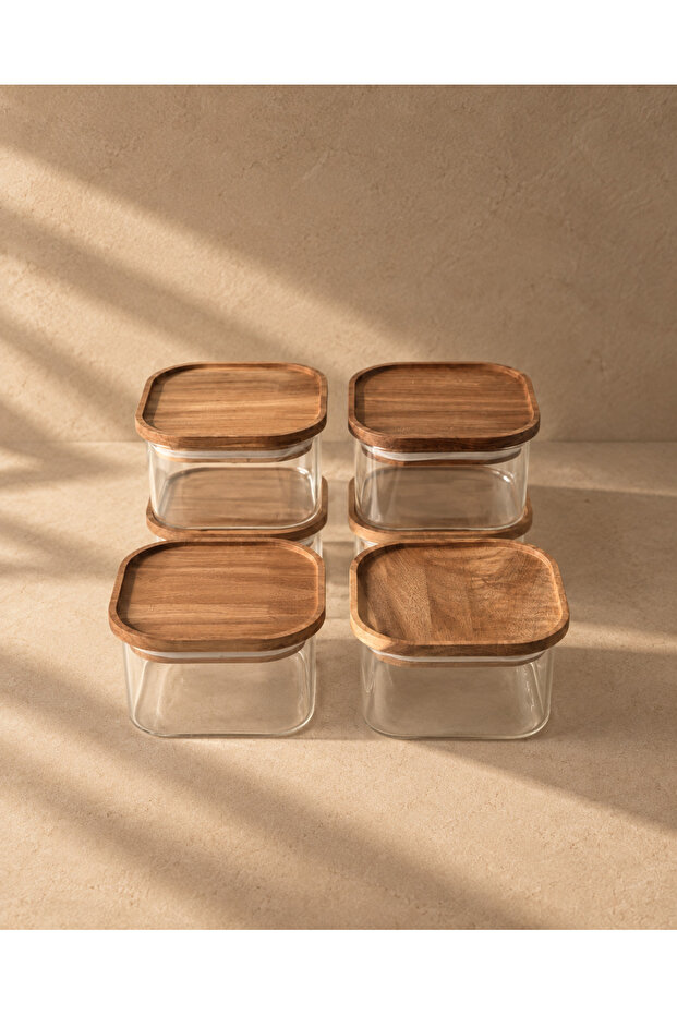 6-Piece Square Acacia Vacuum Lid Borosilicate Glass Breakfast Set
