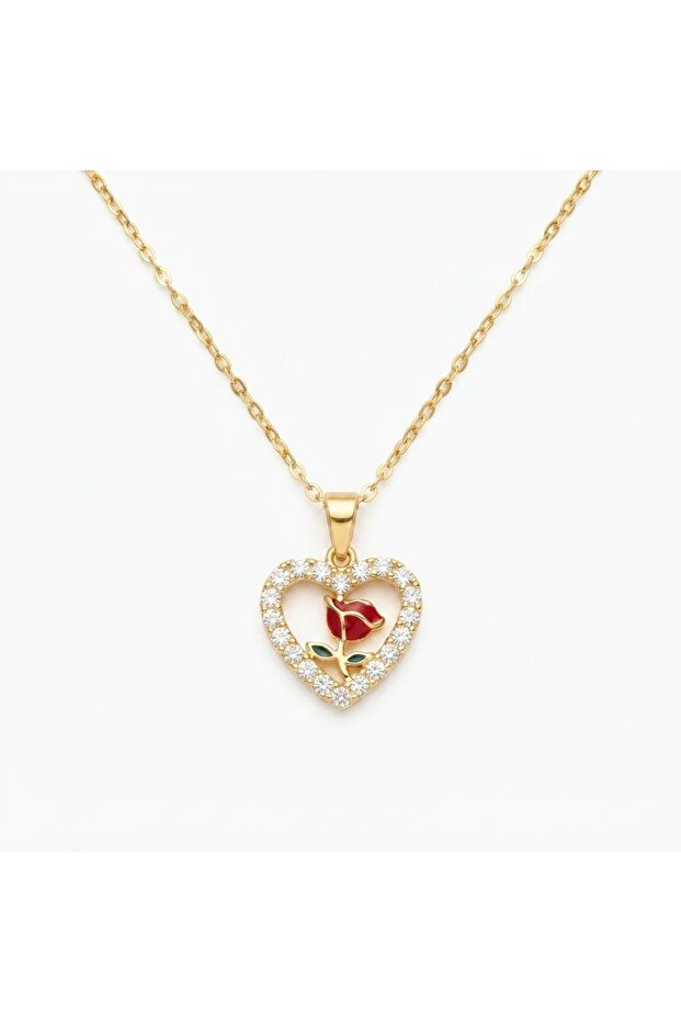 Zircon Stone Heart Red Rose Design Steel Necklace - Gift Boxed