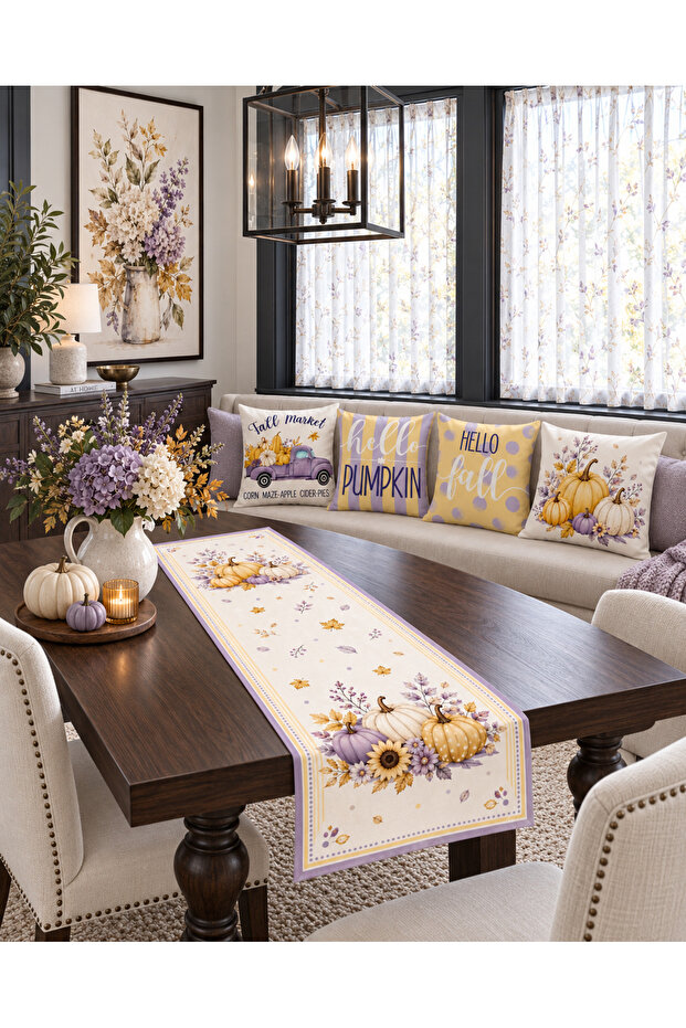 Pastel Pumpkin and Autumn Themed 4-Piece Throw Pillow Cover Runner Set