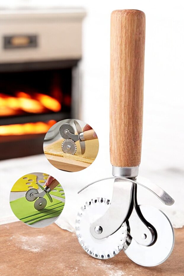 Wooden Handle Pizza Dough Roulette 2 in 1 Pizza Dough Pita Cutting | Double Sided Cutter