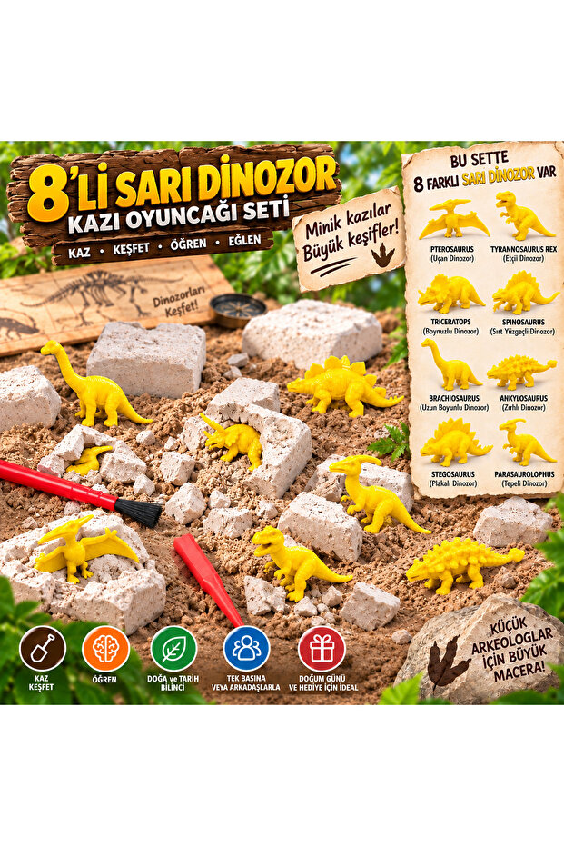 💛 8-Piece Yellow Dinosaur Excavation Kit | Dinosaur Excavation Toy, Archaeology and Paleontology Set