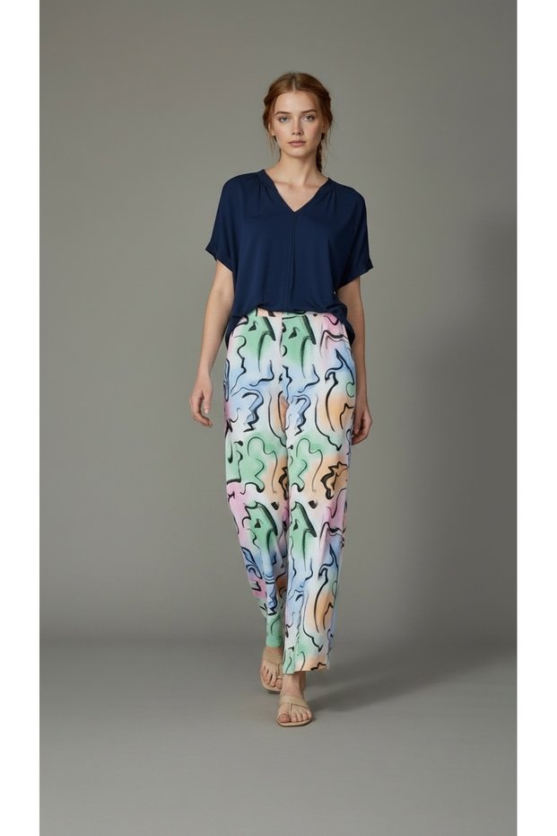 Combed Cotton Woven Suit Short Sleeve Navy Blue Top Pastel Abstract Patterned Slit Wide Leg Pants