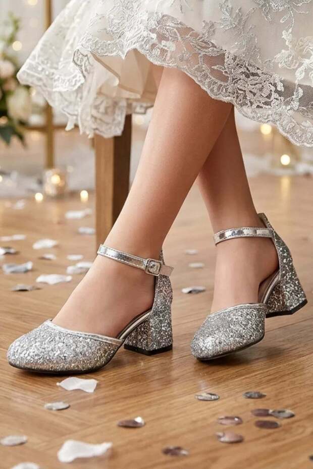 Işıl Işıl Girls' Heeled Shoes, Evening Dress Shoes, New Season, Shiny Plainsilverck