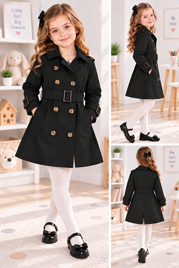 Girl's Trench Coat with Belt, Buttons, Stylish Pockets, Seasonal Coat