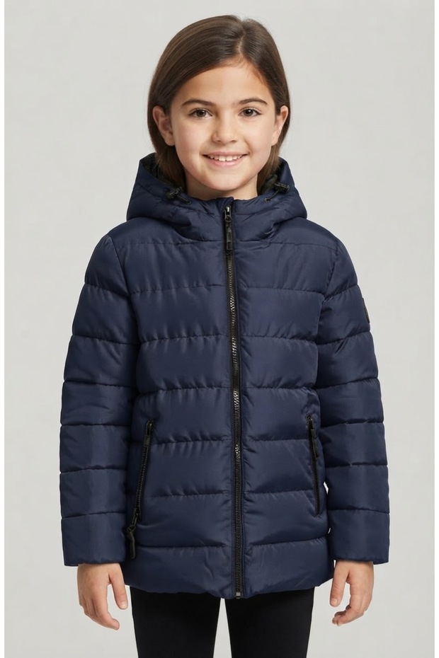 Navy Blue Fiber Girl's Hooded Windproof Jacket