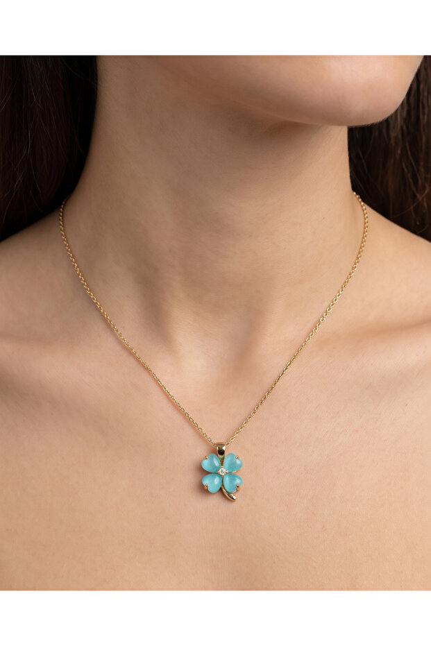 Elvora Blue Opal Stone Flower Steel Necklace