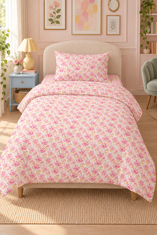 Single Duvet Cover Set - Pink Watercolor Floral Pattern Cotton Zippered Duvet Cover Set