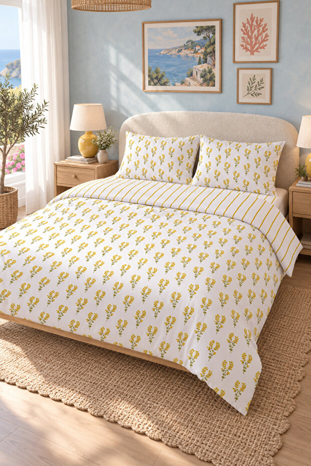 Double Size Mimosa Floral and Striped Cotton Duvet Cover Set - 2000X220 cm (Without Sheets)