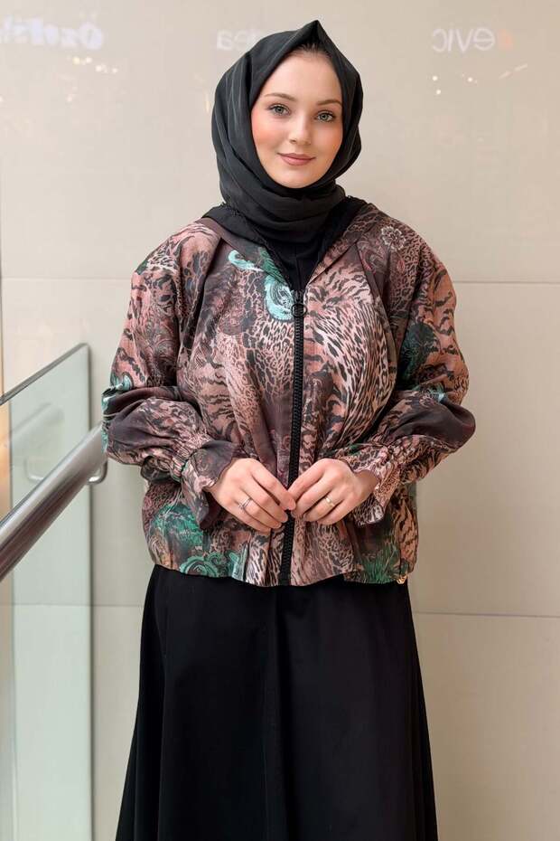 Shawl Patterned Front Zipper Hooded Coat