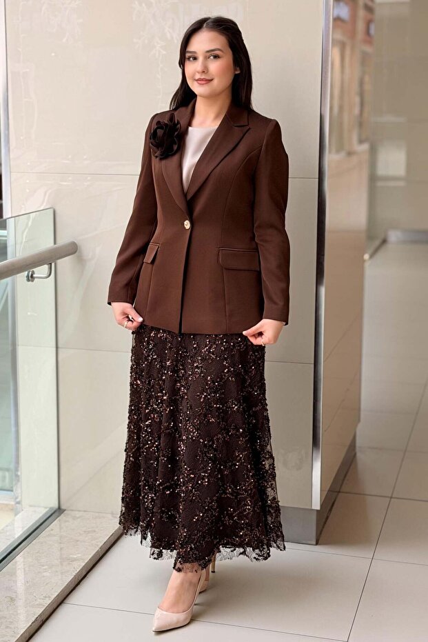 Double-Breasted Collar Jacket with Sequin Embroidery and Skirt Evening Dress Set
