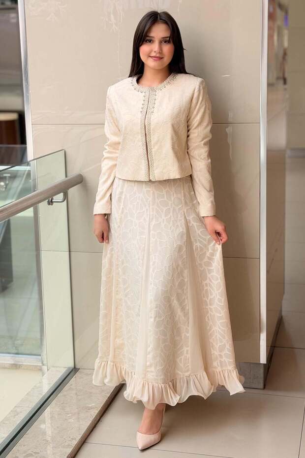 Pearl and Stone Embellished Jacket Skirt Evening Dress Set