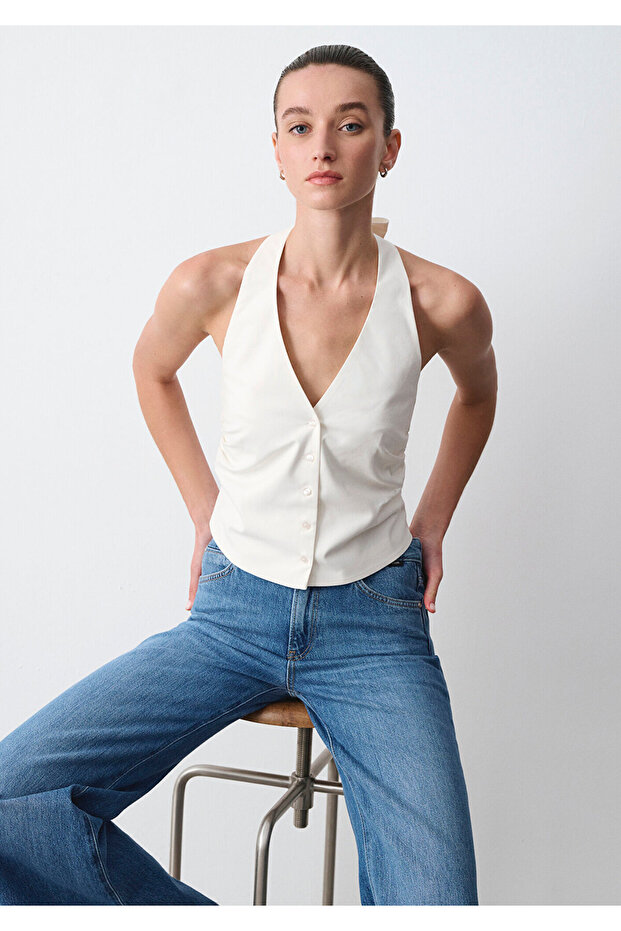 Buttoned Halter Neck Ecru Shirt Slim Fit / Narrow Cut 1211646-70057