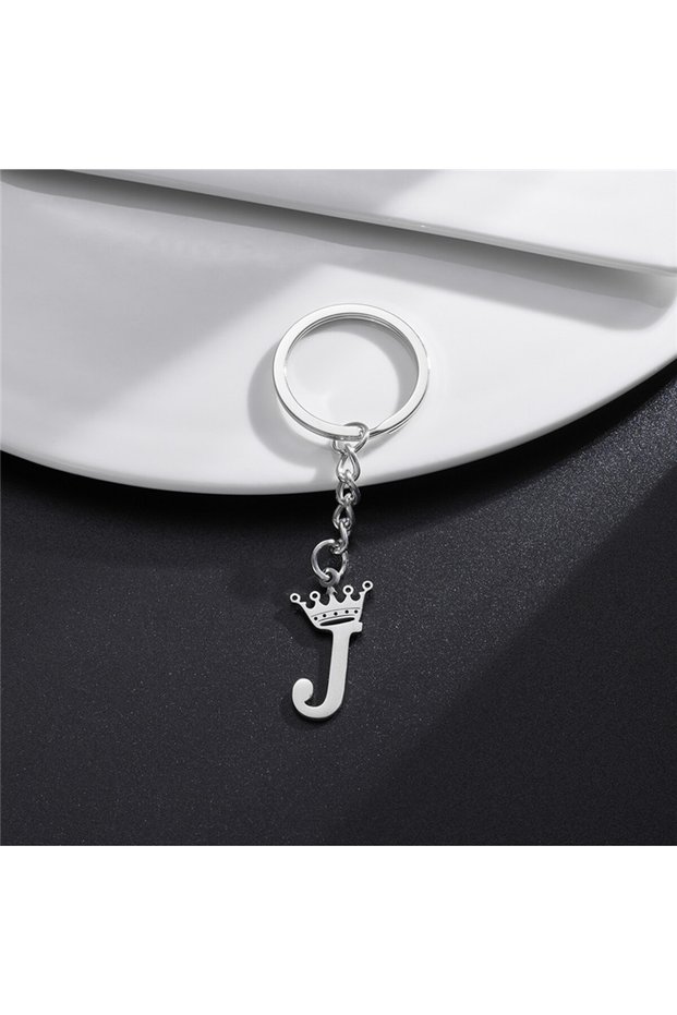 J NEW Crown 26 Initials Letter Keychain for Women Stainless Steel Alphabet Pendant Keyrings Girls Ha