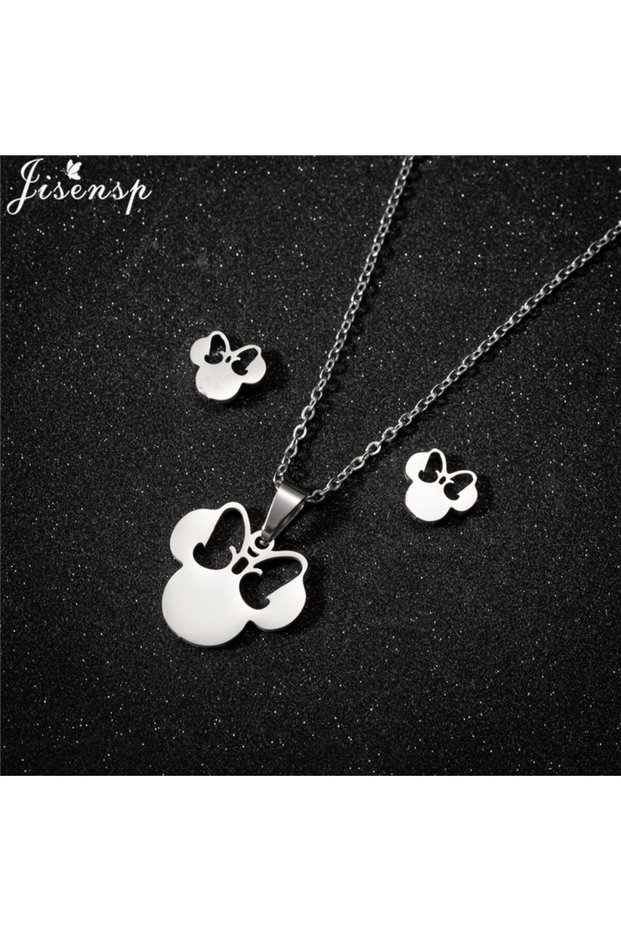 45cm TZ130S Cartoon Bowknot Mouse Stainless Steel Jewelry Set for Women Fashion Anime Animal Necklac