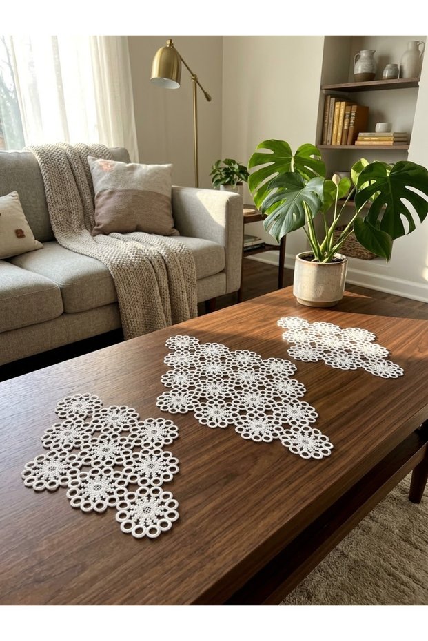 Handmade Crochet Knitted Lace Ring Model Living Room Set Bedroom Set 3 Pieces