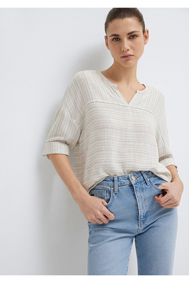 Linen Blend Striped Beige Blouse 1210328-83905