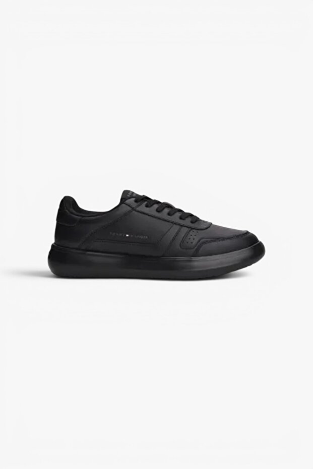 Men's Low-Top Thick Sole Logo Textured 100% Leather Black Sneaker